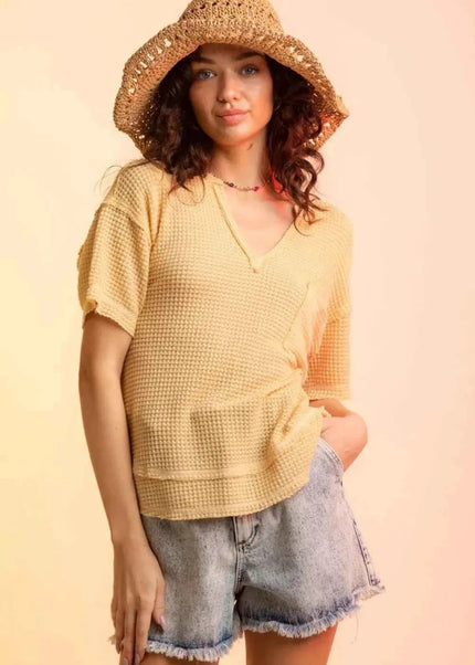 Waffle - Knit Notched Half Sleeve T-Shirt - Trendsi