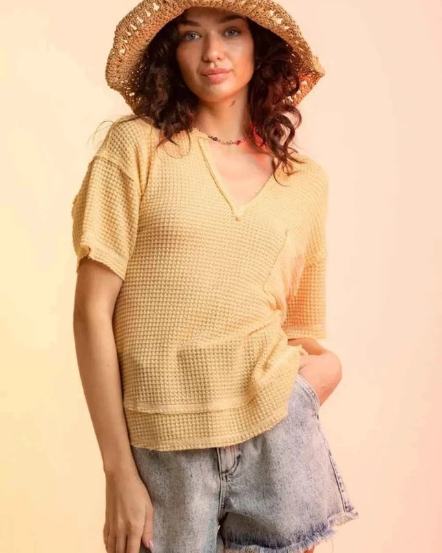 Waffle - Knit Notched Half Sleeve T-Shirt - Trendsi