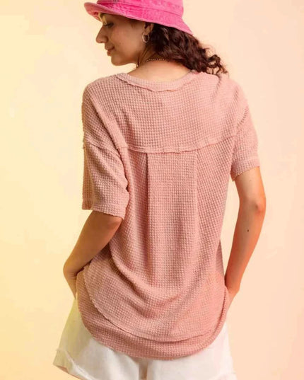 Waffle - Knit Notched Half Sleeve T-Shirt - Trendsi