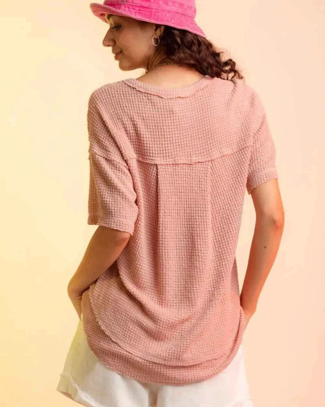 Waffle - Knit Notched Half Sleeve T-Shirt - Trendsi