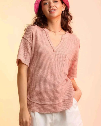Waffle - Knit Notched Half Sleeve T-Shirt - Trendsi