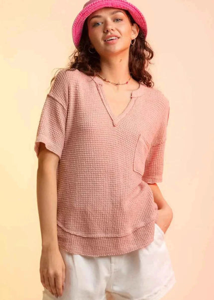 Waffle - Knit Notched Half Sleeve T-Shirt - Trendsi
