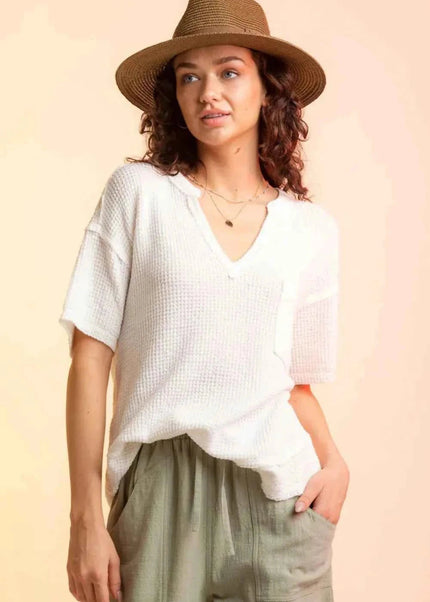 Waffle - Knit Notched Half Sleeve T-Shirt - Trendsi