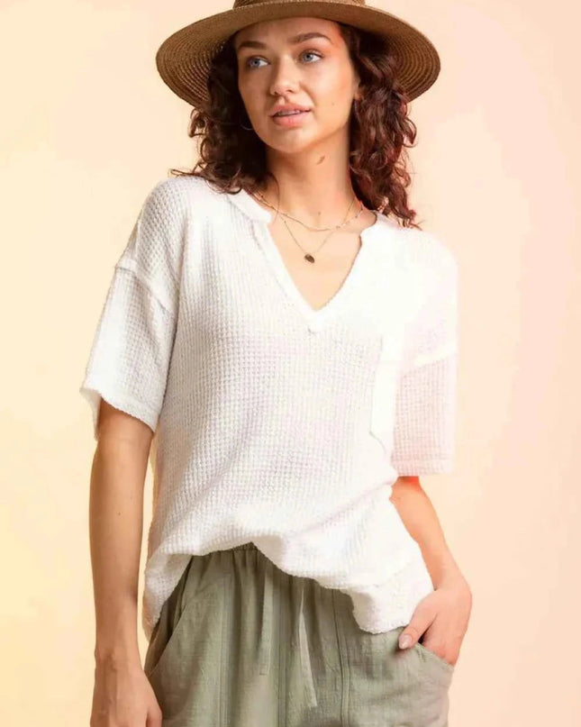 Waffle - Knit Notched Half Sleeve T-Shirt - Trendsi