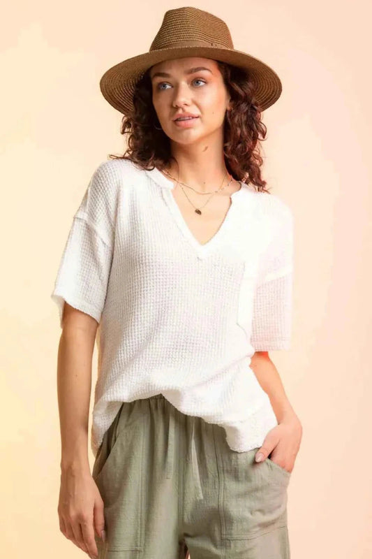 Waffle - Knit Notched Half Sleeve T-Shirt - Trendsi