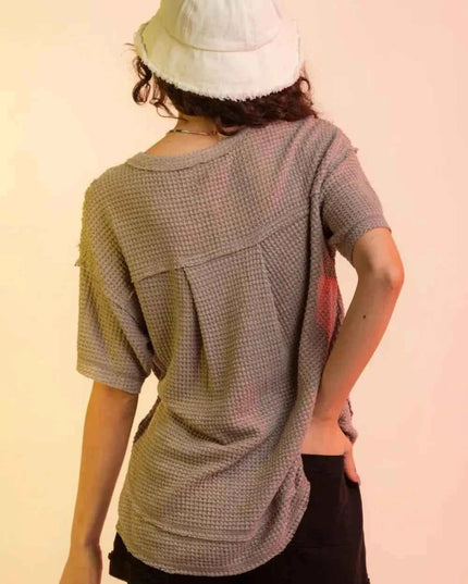 Waffle - Knit Notched Half Sleeve T-Shirt - Trendsi