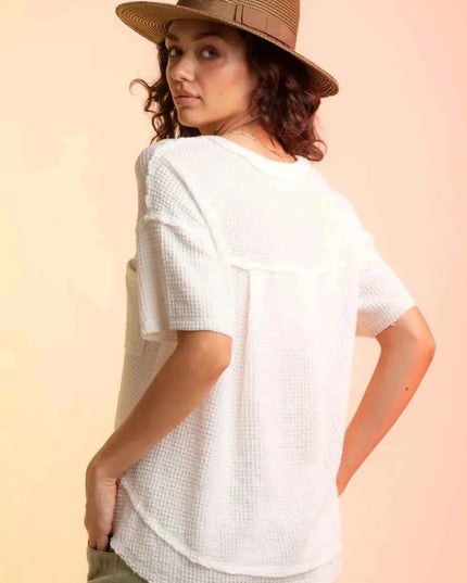 Waffle - Knit Notched Half Sleeve T-Shirt - Trendsi