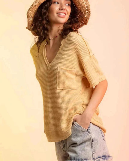 Waffle - Knit Notched Half Sleeve T-Shirt - Trendsi