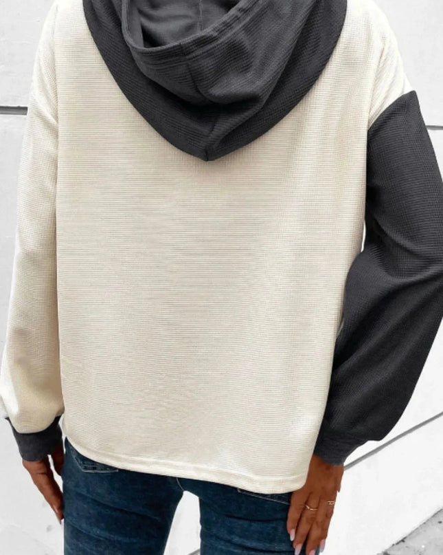 Waffle - Knit Two - Tone Long Sleeve Hoodie - Trendsi