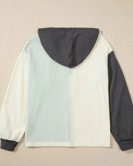 Waffle - Knit Two - Tone Long Sleeve Hoodie - Trendsi