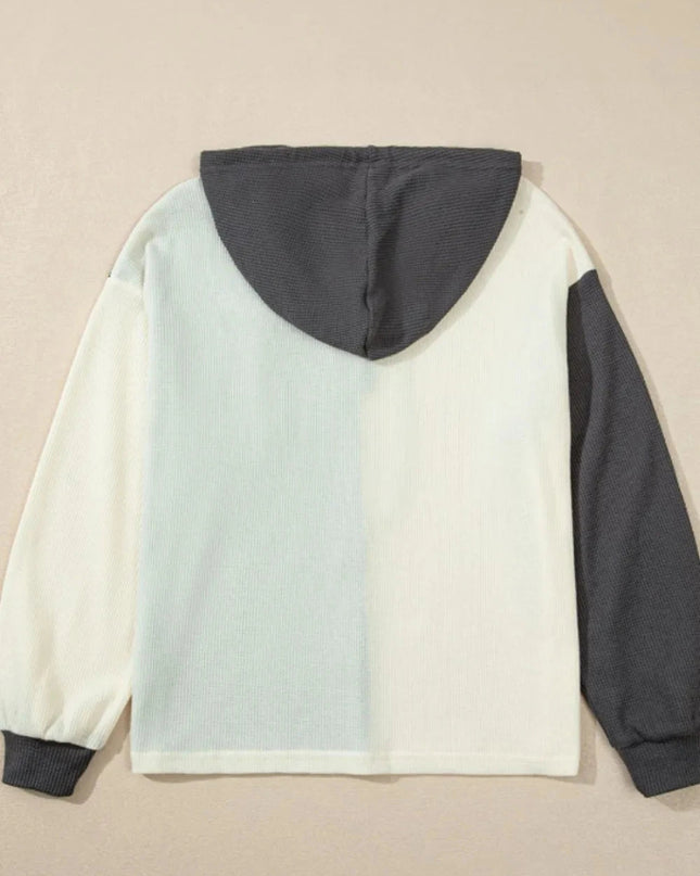 Waffle - Knit Two - Tone Long Sleeve Hoodie - Trendsi