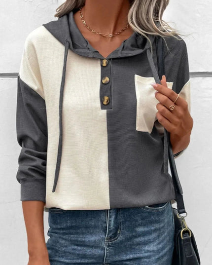 Waffle - Knit Two - Tone Long Sleeve Hoodie - Trendsi