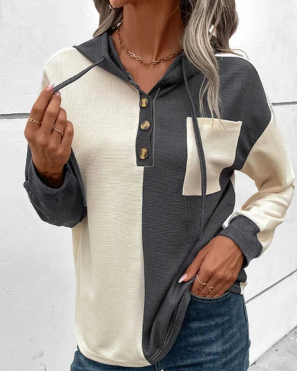 Waffle - Knit Two - Tone Long Sleeve Hoodie - Trendsi