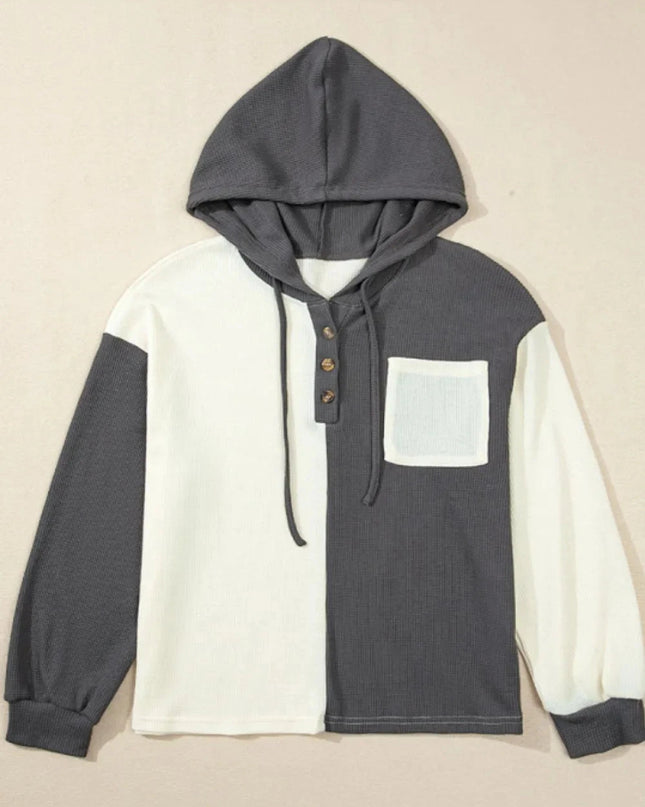 Waffle - Knit Two - Tone Long Sleeve Hoodie - Trendsi