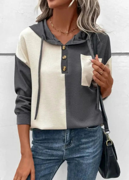 Waffle - Knit Two - Tone Long Sleeve Hoodie - Trendsi