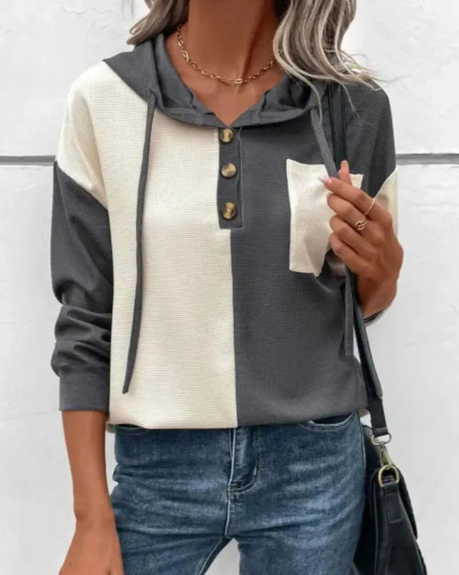 Waffle - Knit Two - Tone Long Sleeve Hoodie - Trendsi
