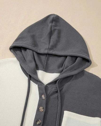 Waffle - Knit Two - Tone Long Sleeve Hoodie - Trendsi