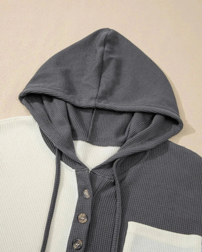 Waffle - Knit Two - Tone Long Sleeve Hoodie - Trendsi