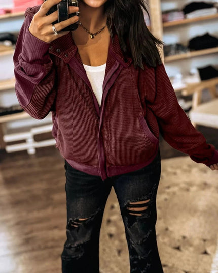 Waffle Zip Up Hooded Jacket with Pockets - Trendsi