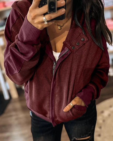 Waffle Zip Up Hooded Jacket with Pockets - Trendsi