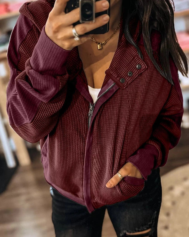 Waffle Zip Up Hooded Jacket with Pockets - Trendsi