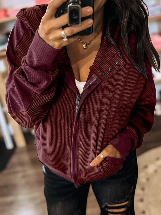 Waffle Zip Up Hooded Jacket with Pockets - Trendsi