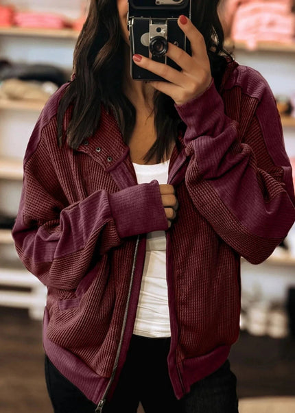 Waffle Zip Up Hooded Jacket with Pockets - Trendsi