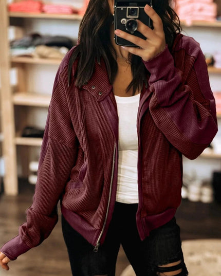 Waffle Zip Up Hooded Jacket with Pockets - Trendsi