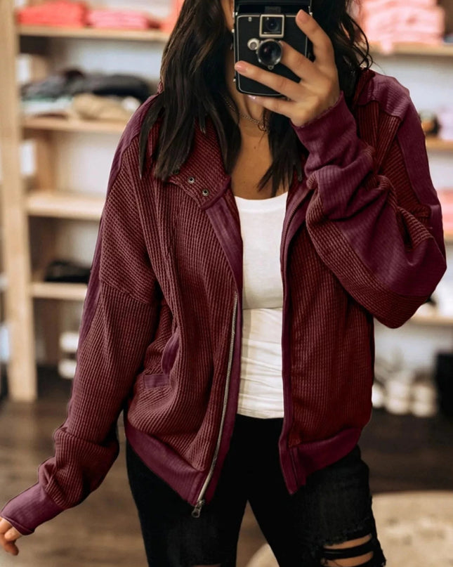 Waffle Zip Up Hooded Jacket with Pockets - Trendsi