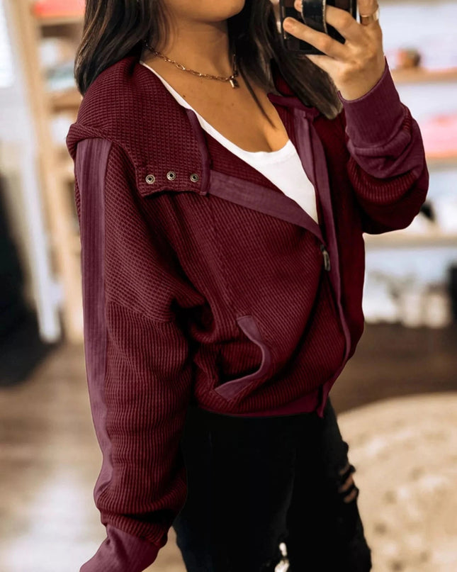 Waffle Zip Up Hooded Jacket with Pockets - Trendsi