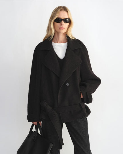 "Warm Cocoon" Italian Herringbone Wool Short Coat – Classic Lapel Women’s Jacket - Wool Coat - Firelady Fur