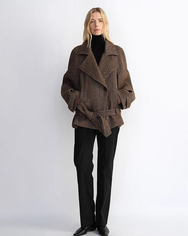 "Warm Cocoon" Italian Herringbone Wool Short Coat – Classic Lapel Women’s Jacket - Wool Coat - Firelady Fur