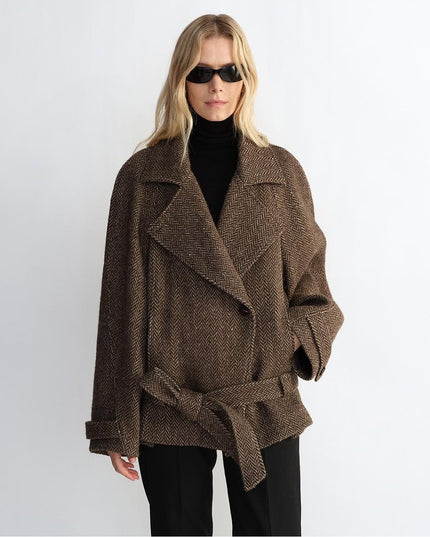 "Warm Cocoon" Italian Herringbone Wool Short Coat – Classic Lapel Women’s Jacket - Wool Coat - Firelady Fur