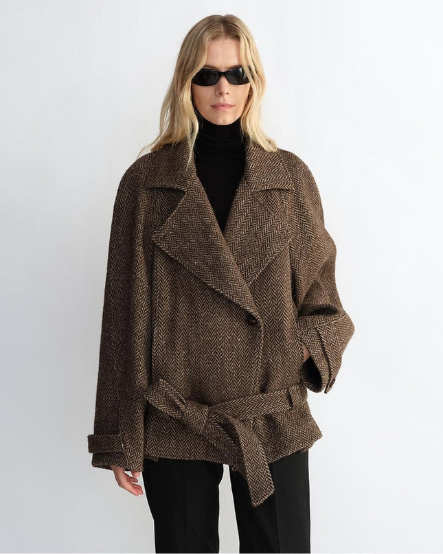 "Warm Cocoon" Italian Herringbone Wool Short Coat – Classic Lapel Women’s Jacket - Wool Coat - Firelady Fur