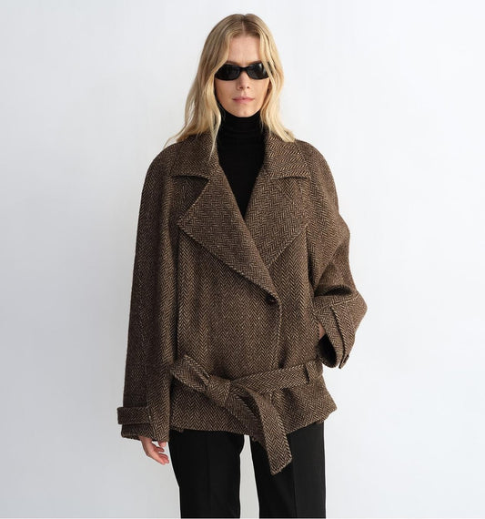 "Warm Cocoon" Italian Herringbone Wool Short Coat – Classic Lapel Women’s Jacket - Wool Coat - Firelady Fur