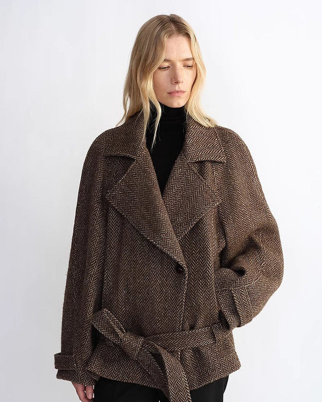 "Warm Cocoon" Italian Herringbone Wool Short Coat – Classic Lapel Women’s Jacket - Wool Coat - Firelady Fur