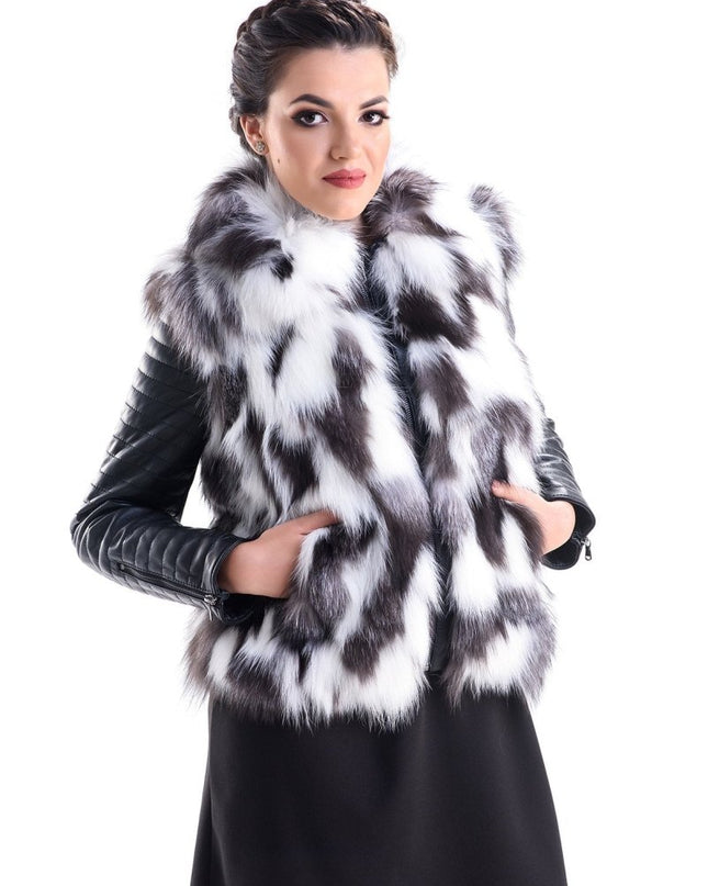 White Black Genuine Arctic Fox Fur Lamb Nappa Leather Jacket - Fur Jackets - Buy Me Fur Ltd