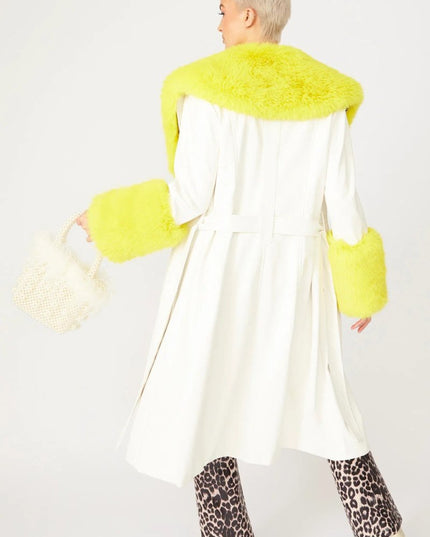 White Yellow Faux Leather Trench Coat with Fur Collar and Cuffs - Faux Leather Coats - Buy Me Fur Ltd
