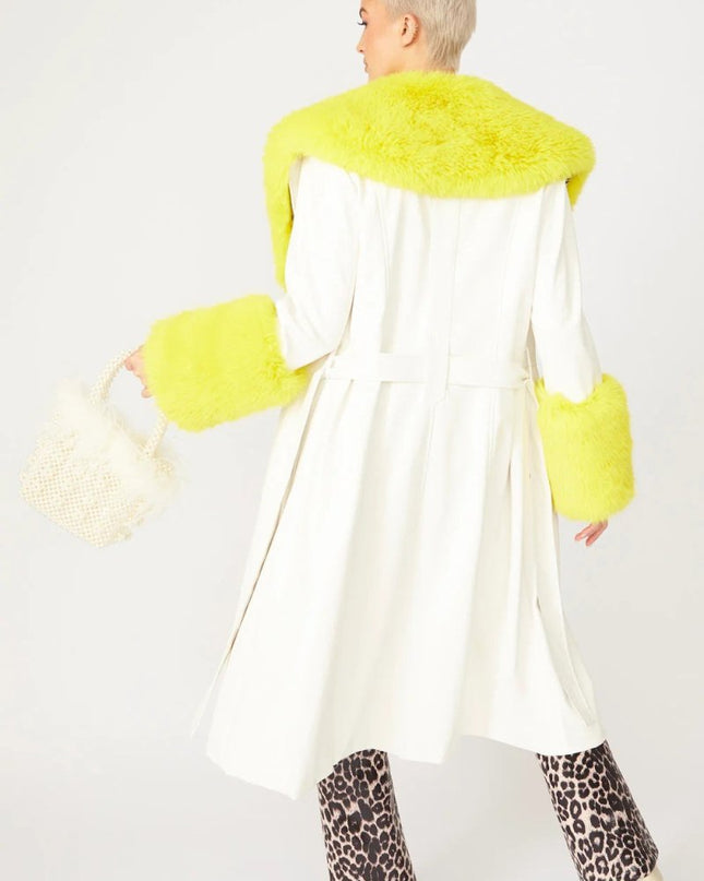 White Yellow Faux Leather Trench Coat with Fur Collar and Cuffs - Faux Leather Coats - Buy Me Fur Ltd