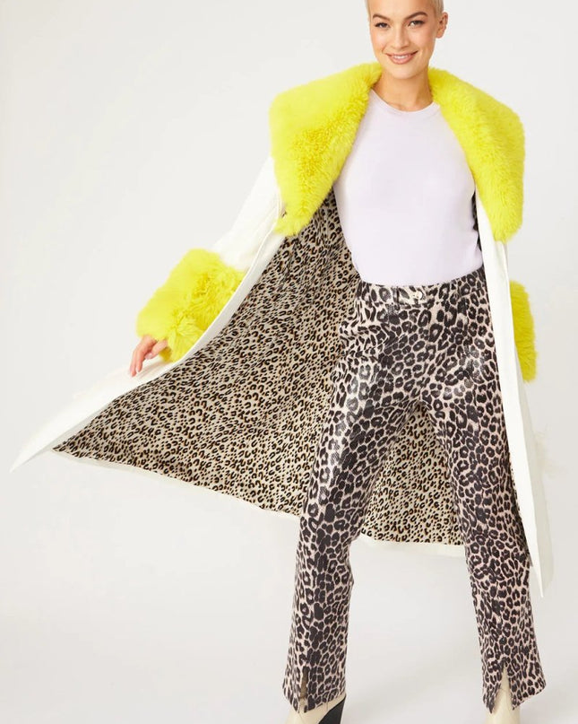 White Yellow Faux Leather Trench Coat with Fur Collar and Cuffs - Faux Leather Coats - Buy Me Fur Ltd