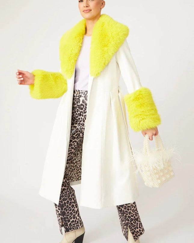 White Yellow Faux Leather Trench Coat with Fur Collar and Cuffs - Faux Leather Coats - Buy Me Fur Ltd