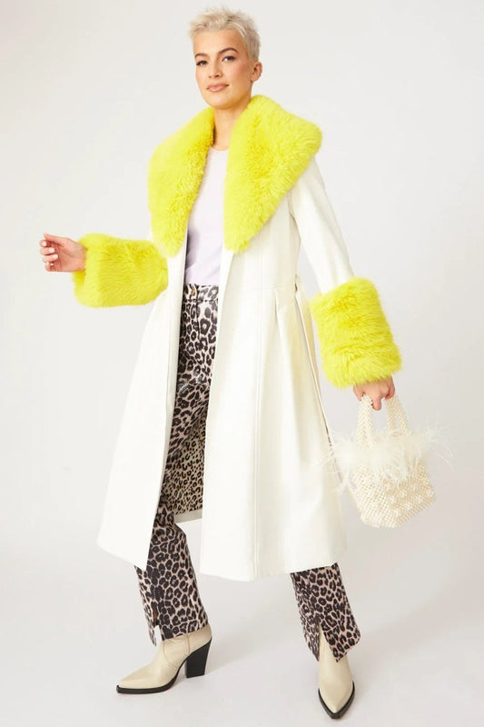 White Yellow Faux Leather Trench Coat with Fur Collar and Cuffs - Faux Leather Coats - Buy Me Fur Ltd
