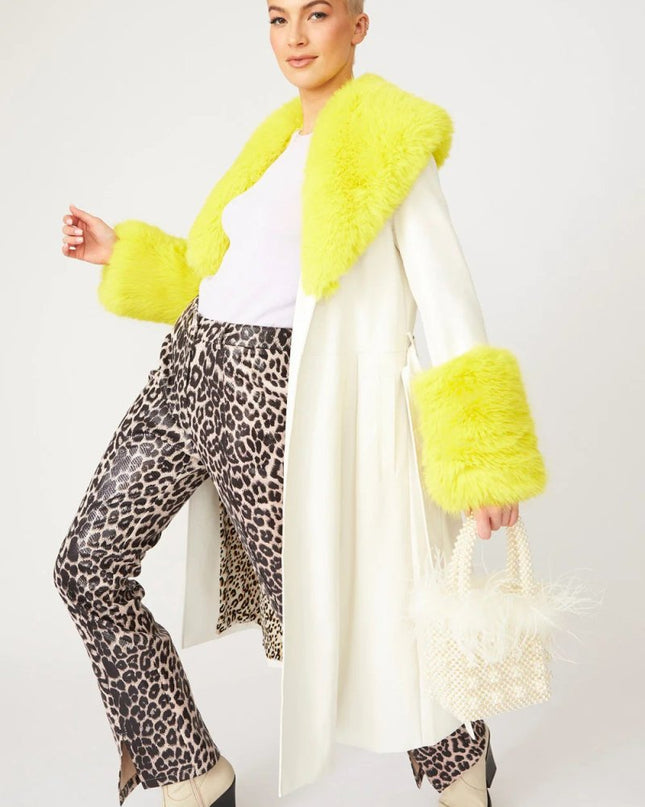 White Yellow Faux Leather Trench Coat with Fur Collar and Cuffs - Faux Leather Coats - Buy Me Fur Ltd