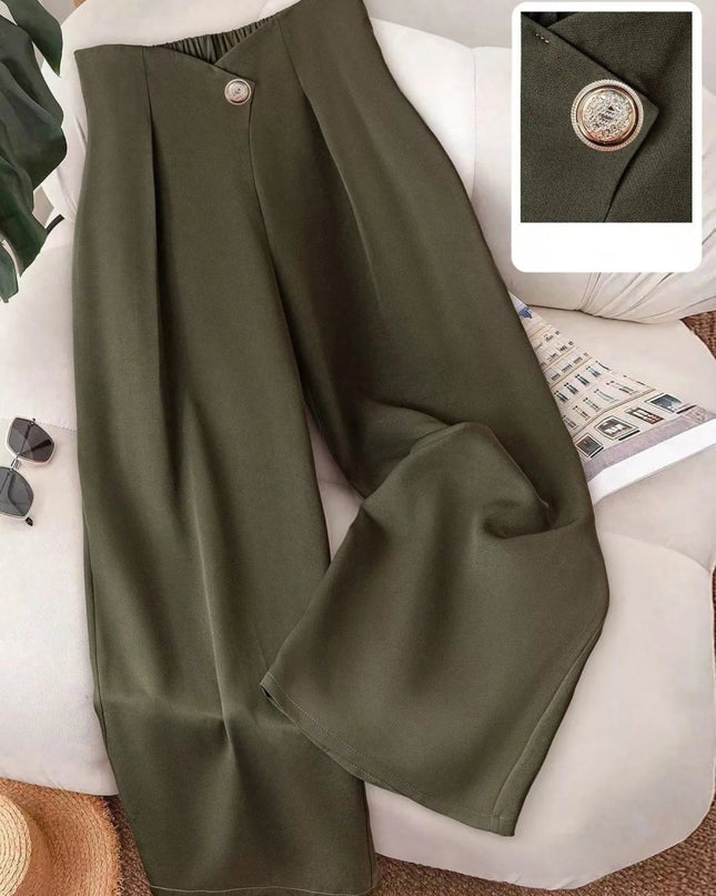 Wide - Leg Button - Accent Pants - Trendsi