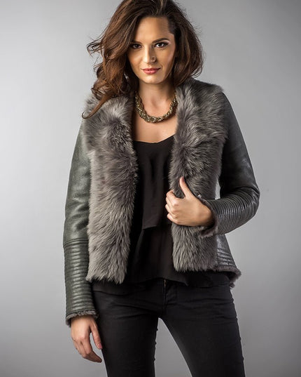 Winter Fashion Gray Leather Jacket with Merino Fur Collar - Leather Jackets - Buy Me Fur Ltd