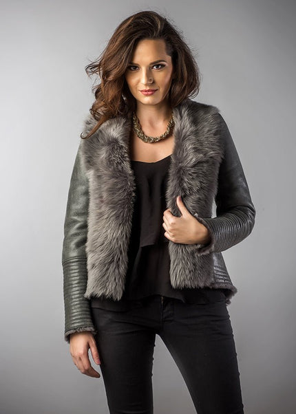 Winter Fashion Gray Leather Jacket with Merino Fur Collar - Leather Jackets - Buy Me Fur Ltd