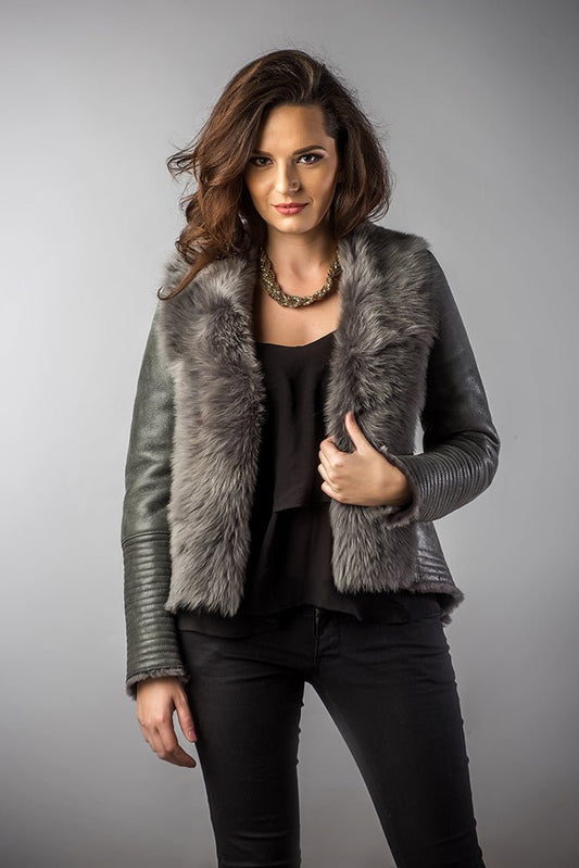 Winter Fashion Gray Leather Jacket with Merino Fur Collar - Leather Jackets - Buy Me Fur Ltd