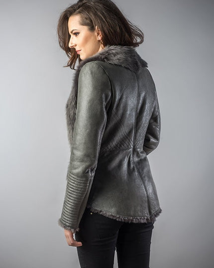 Winter Fashion Gray Leather Jacket with Merino Fur Collar - Leather Jackets - Buy Me Fur Ltd