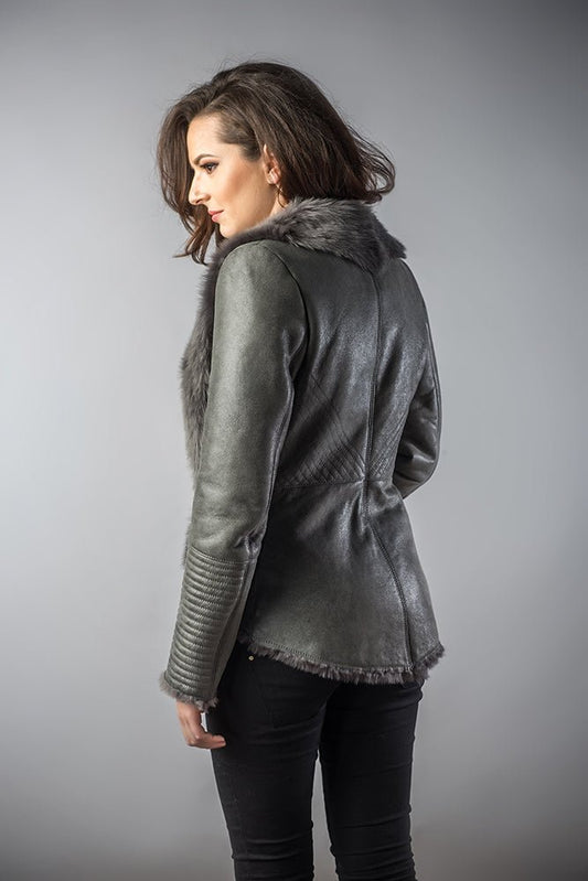 Winter Fashion Gray Leather Jacket with Merino Fur Collar - Leather Jackets - Buy Me Fur Ltd