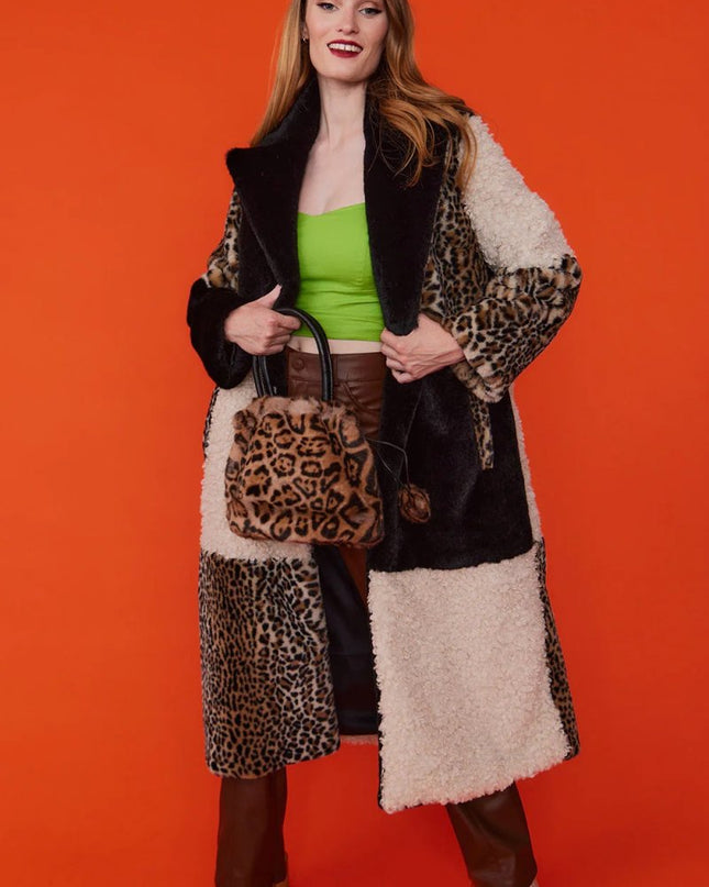 Winter Fashion: Mocha Maxi Faux Fur Coat with Leopard Print Patchwork - Faux Fur Coats - Buy Me Fur Ltd